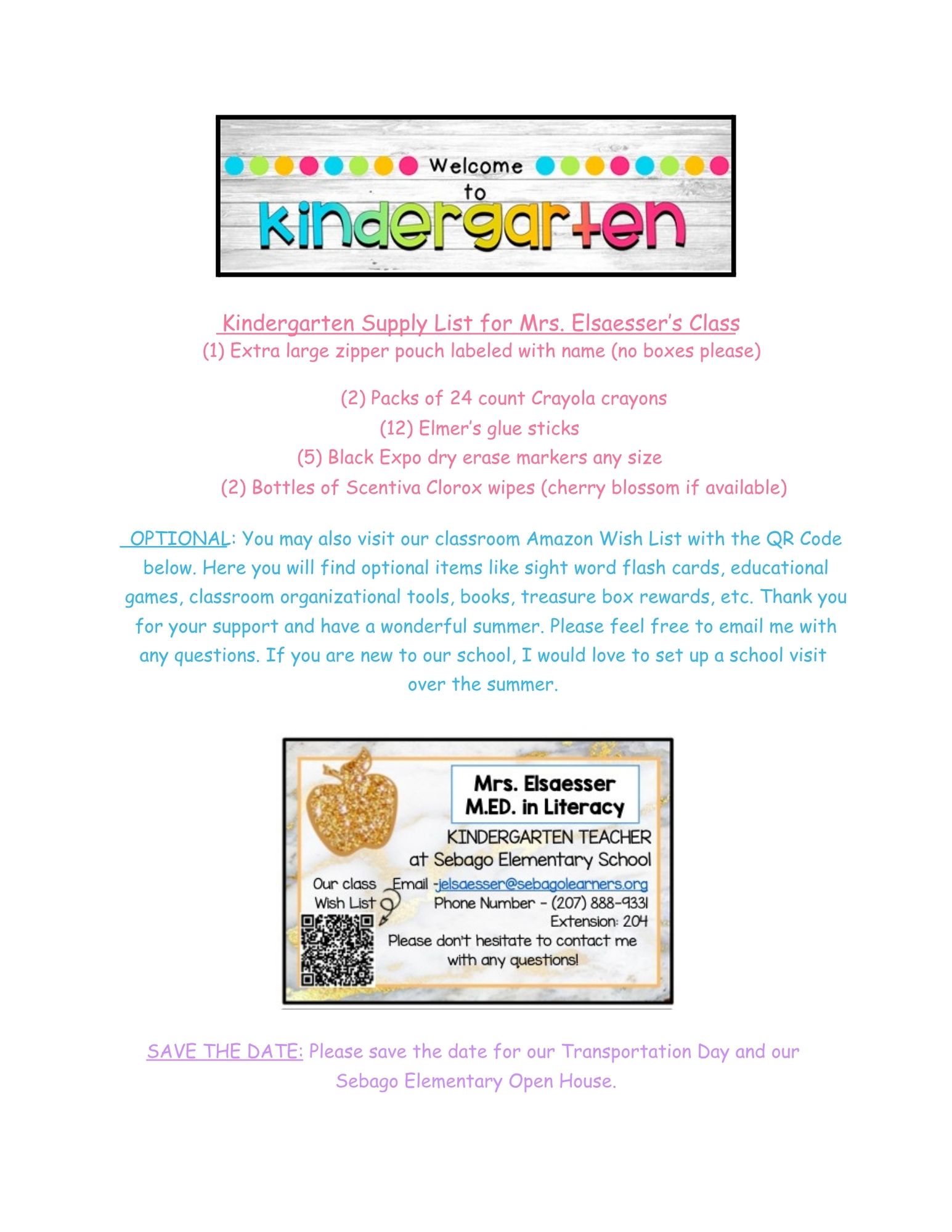 Kindergarten Supply List - Mrs. E